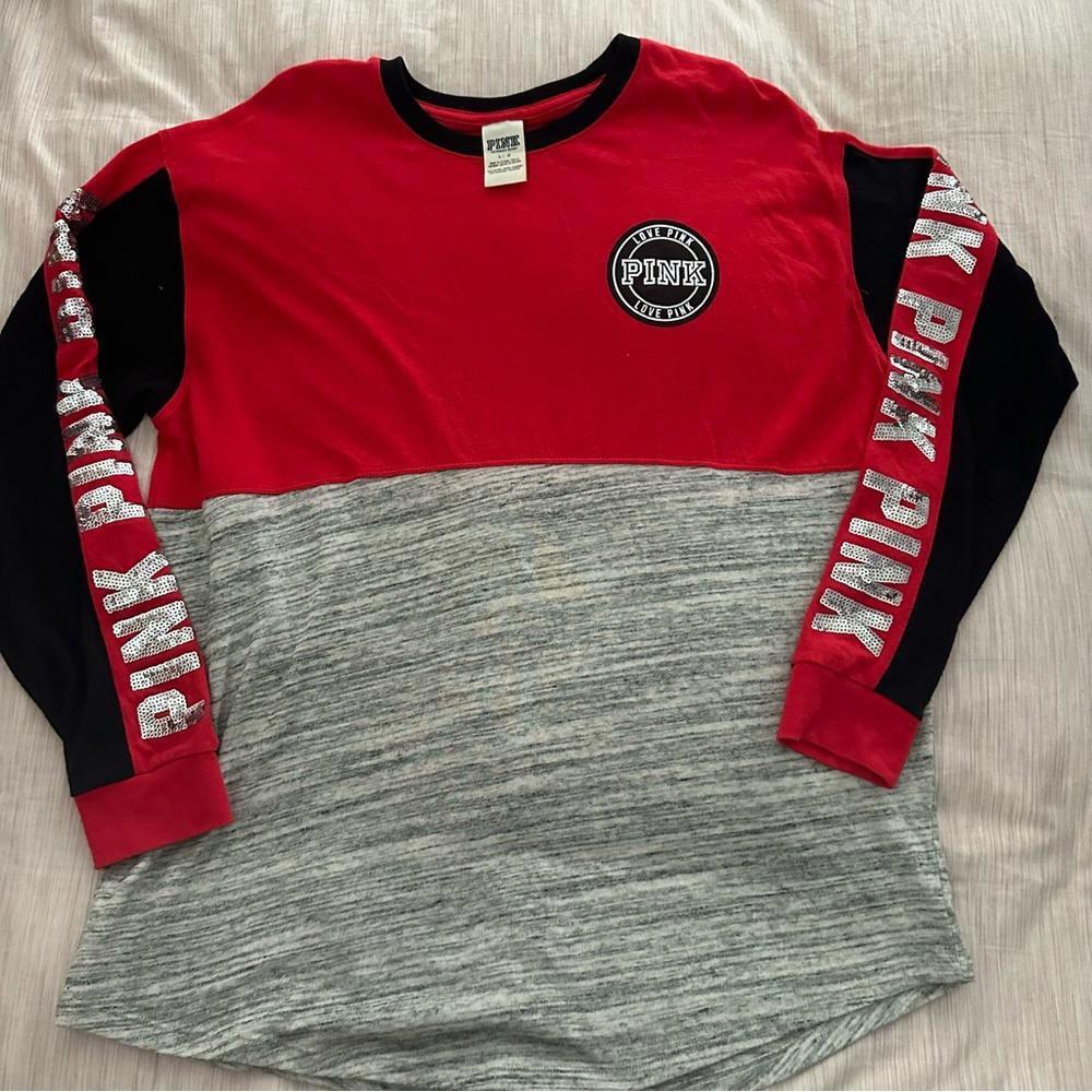 PINK Victoria's Secret Women's Red and Gray Long Sleeve Top